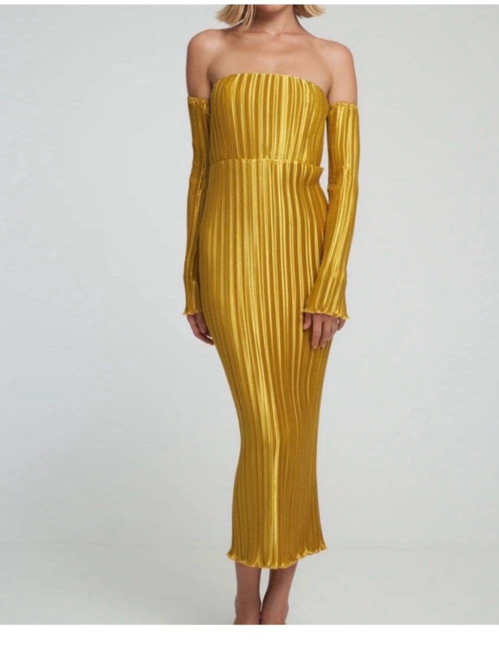 Off-Shoulder Pleated Midi Dress — Mustard